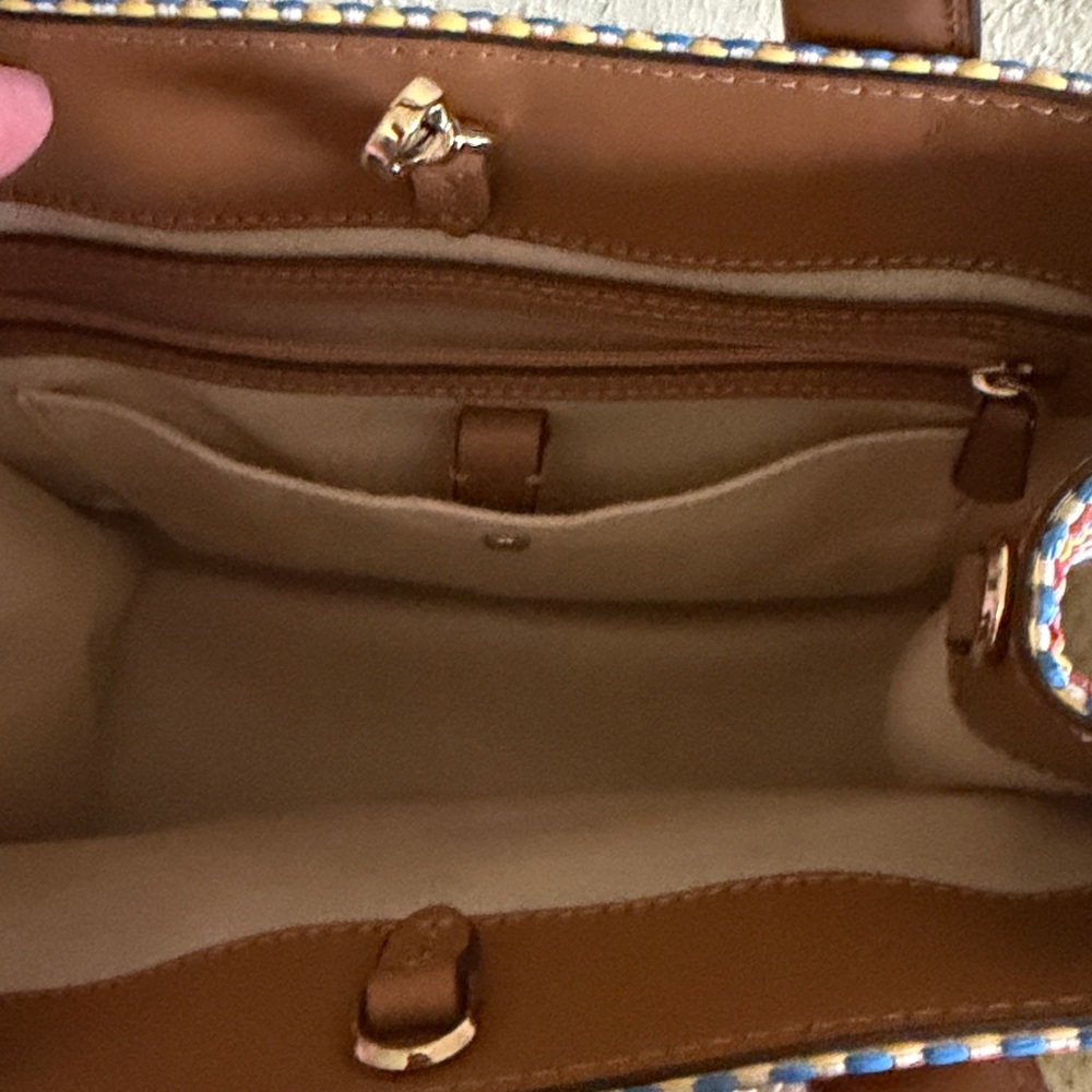 kate spade Multicolor Woven Stripe Tote with Brown Trim and Orange Tag - Picture 3 of 9